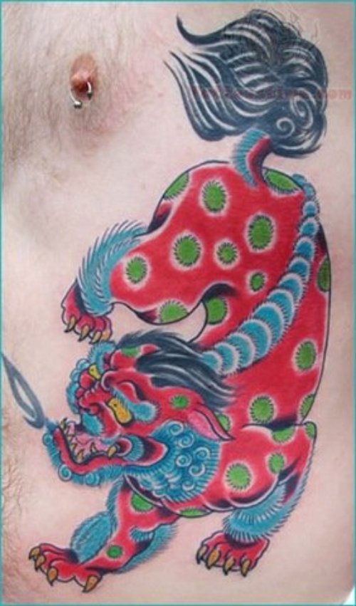Color Spoted Foo Dog Tattoo On Side Rib